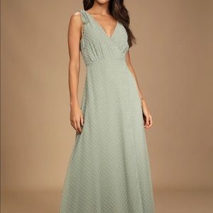 Lulus Romantic Possibilities Sage Brush Swiss Dot Maxi Dress